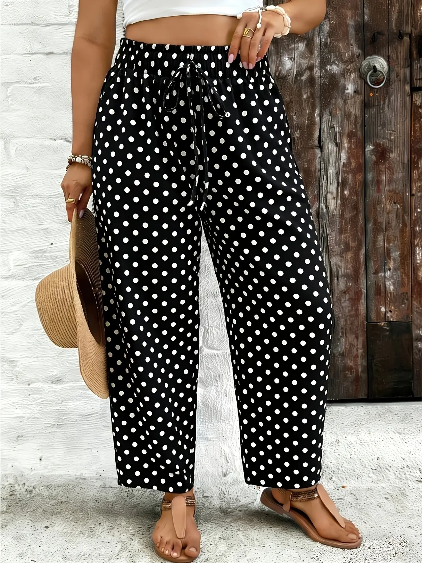 Plus Size Polka Dot Loose Pants Casual Drawstring High-Waisted Trousers, Y2K Clothes Daily Wear, Trendy Classic Bottoms, Comfortable Relaxed Fit Casual Ensembles, Stylish Polka Dot Detail Party Casual Wear, Casual Summer Bottoms