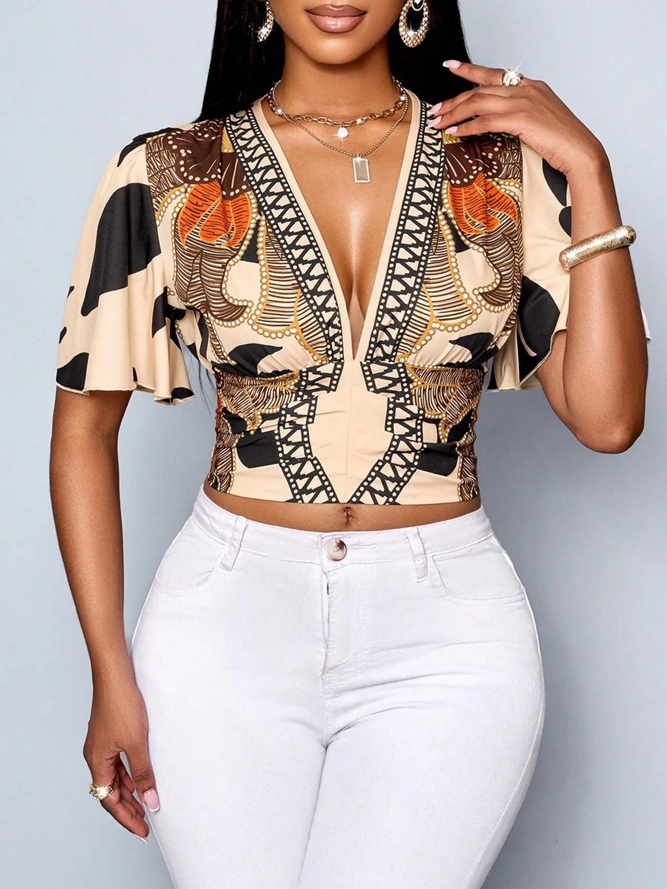Women's All Over Print Top, Casual V Neck Top for Spring & Summer, Women's Clothing for Daily Wear, Blouse