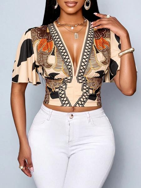 Women's All Over Print Top, Casual V Neck Top for Spring & Summer, Women's Clothing for Daily Wear, Blouse