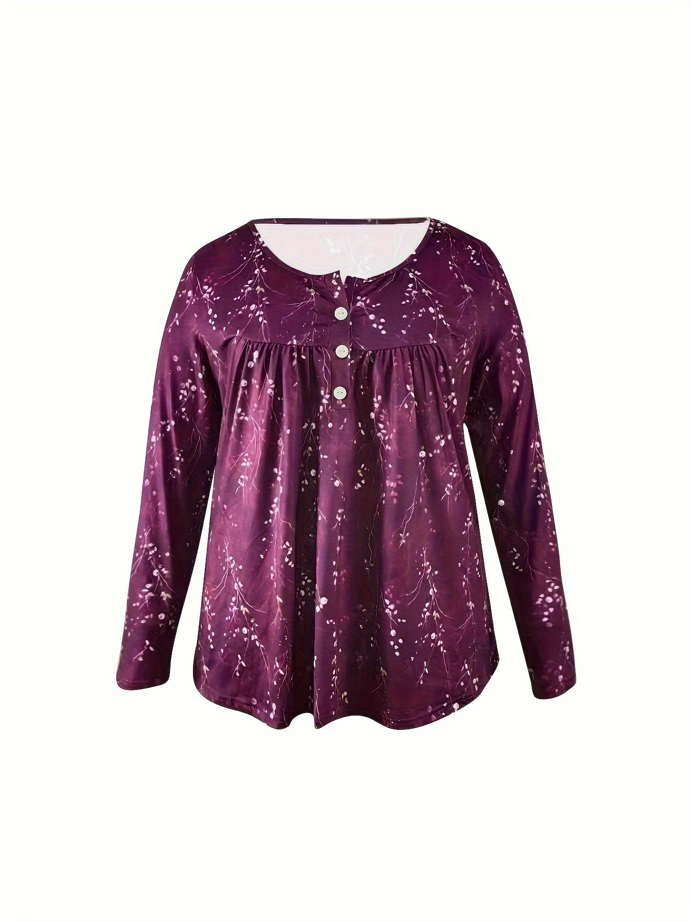 Plus Size Casual T-shirt, Women's Plus Floral Print Button Up Ruched Long Sleeve V Neck Medium Stretch T-shirt