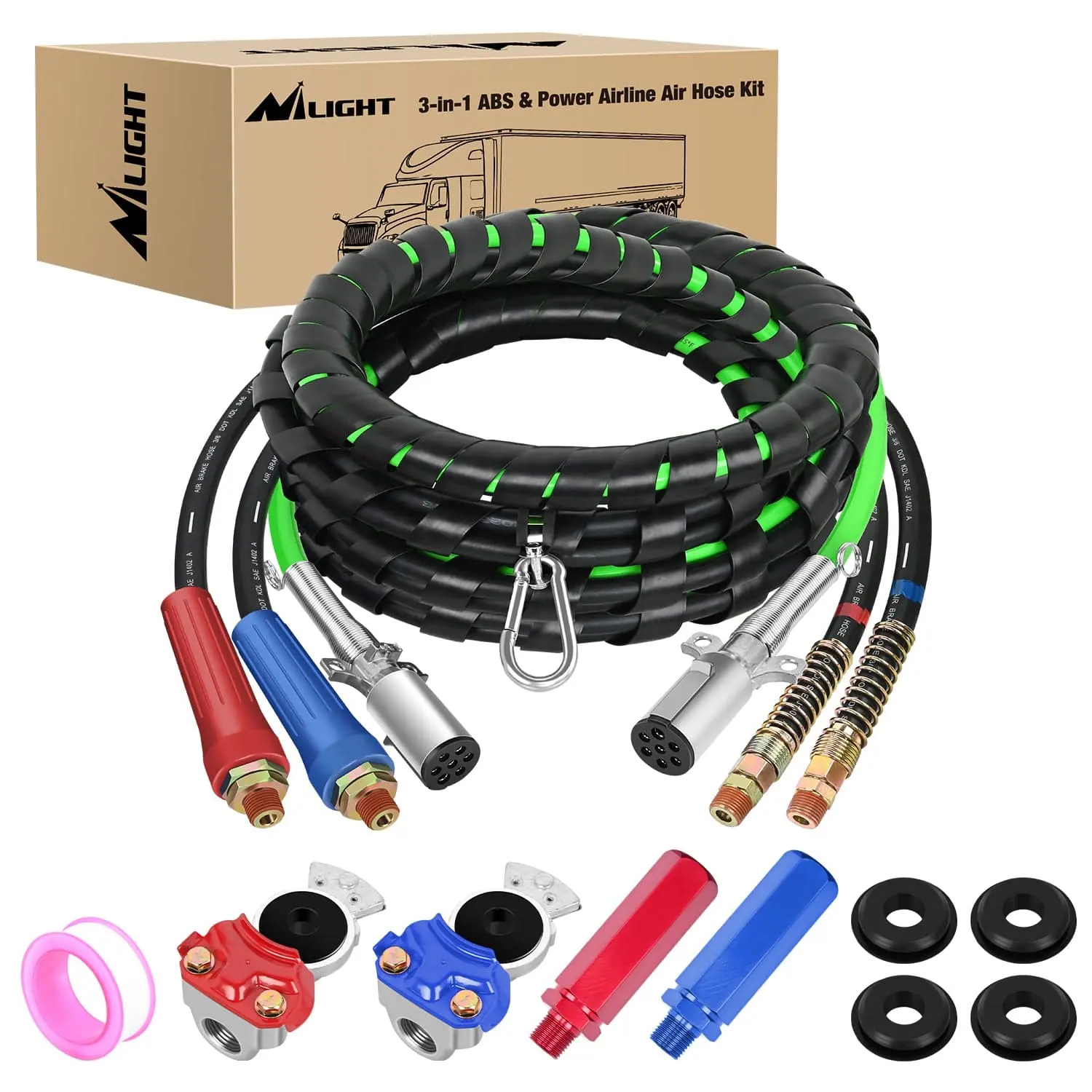 Nilight 15FT 3-in-1 ABS+Rubber Electrical Cord & Air Line Hose Kit Set with Airline Connectors, Gladhand & Handles