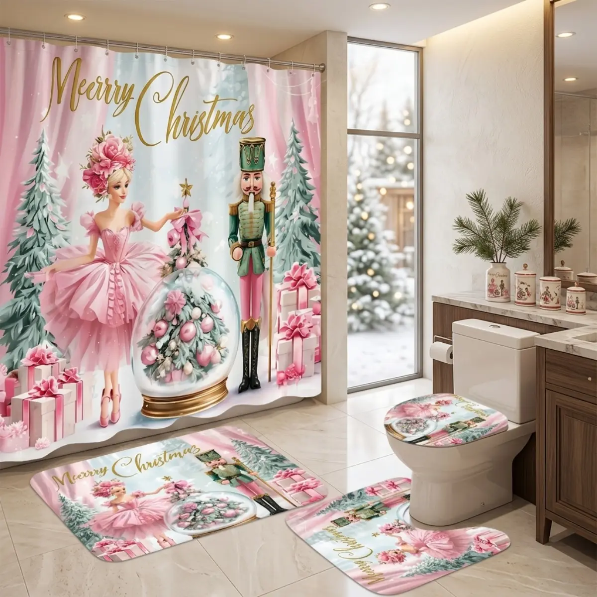 4pcs Merry Christmas Nutcracker Pink Ballet Christmas Shower Curtain Set, Holiday Bathroom Decor, TikTok Shop Trending Festive Bathroom Set, Nutcracker Princess Floral Gift Box Snow Globe Print