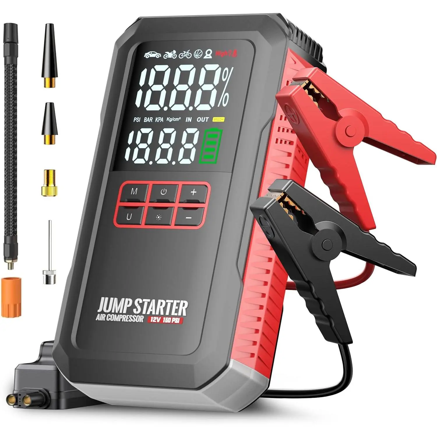 5000A Car Battery Jump Starter with Air Compressor 160PSI, Battery Jumper Starter Portable 7.0L Gas/6.0L Diesel, Jumper Cables, Car Battery Charger with Power Bank & Light, Roadside Emergency Kit
