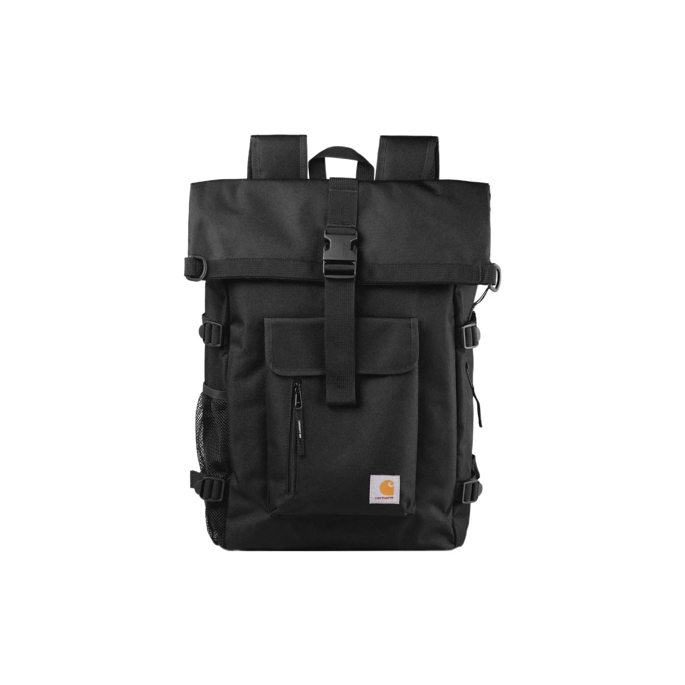 Carhartt WIP Philis Adjustable Strap Logo Buckle Multi-Layer Flap Large-Capacity Polyester Canvas Backpack for Men, Black