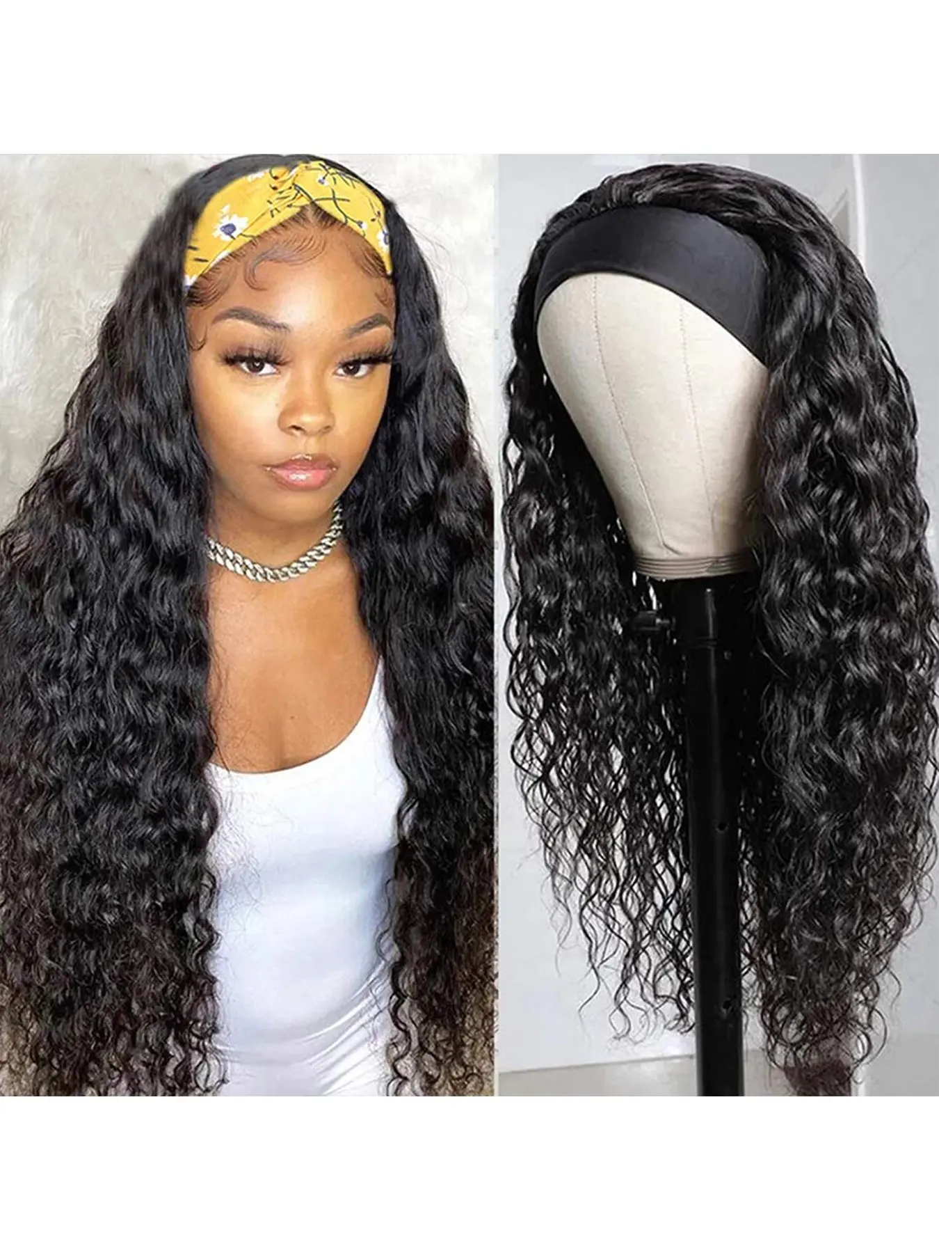 26Inch Deep Wave Headband Wig 200% Density Natural Color, No Lace Glueless Curly Wig Synthetic Hair, Voluminous Curls Protective Hairstyle for Daily Wear, Beginner Friendly Hairpiece