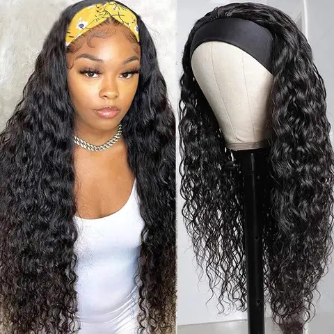 Deep Wave Headband Wig 200% Density Natural Color, No Lace Glueless Curly Wig Synthetic Hair, Voluminous Curls Protective Hairstyle for Daily Wear, Beginner Friendly Hairpiece