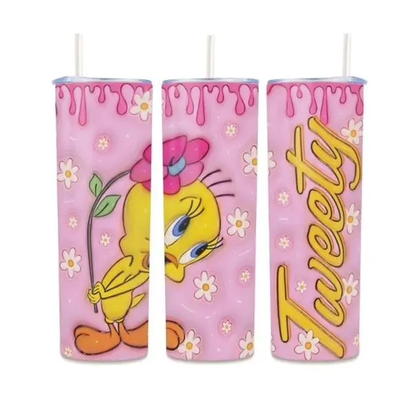 【Back To School】Warner Bros.Tweety Bird Inflated Drip Daisy Flower 20oz Skinny Tumbler with Straw, Pink Background Cartoon All Wrap Print Travel Mug, Looney Tunes Fan Reusable Water Cup, Cute Nostalgic Novelty Holiday Gift