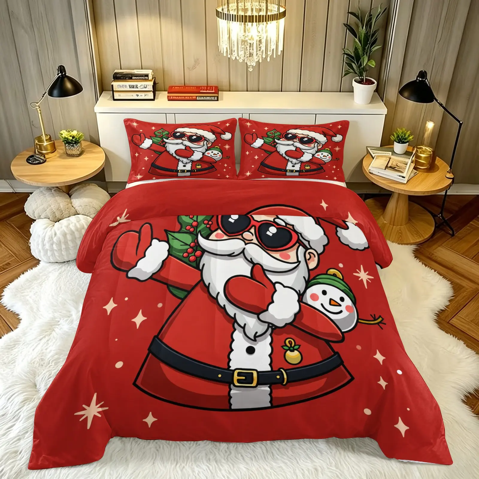 3-Piece Santa Claus Quilt Set, Soft Polyester Fiber Wadding, Ideal for Christmas Decor, Bedroom, Guest Room, All-Season Home Decoration