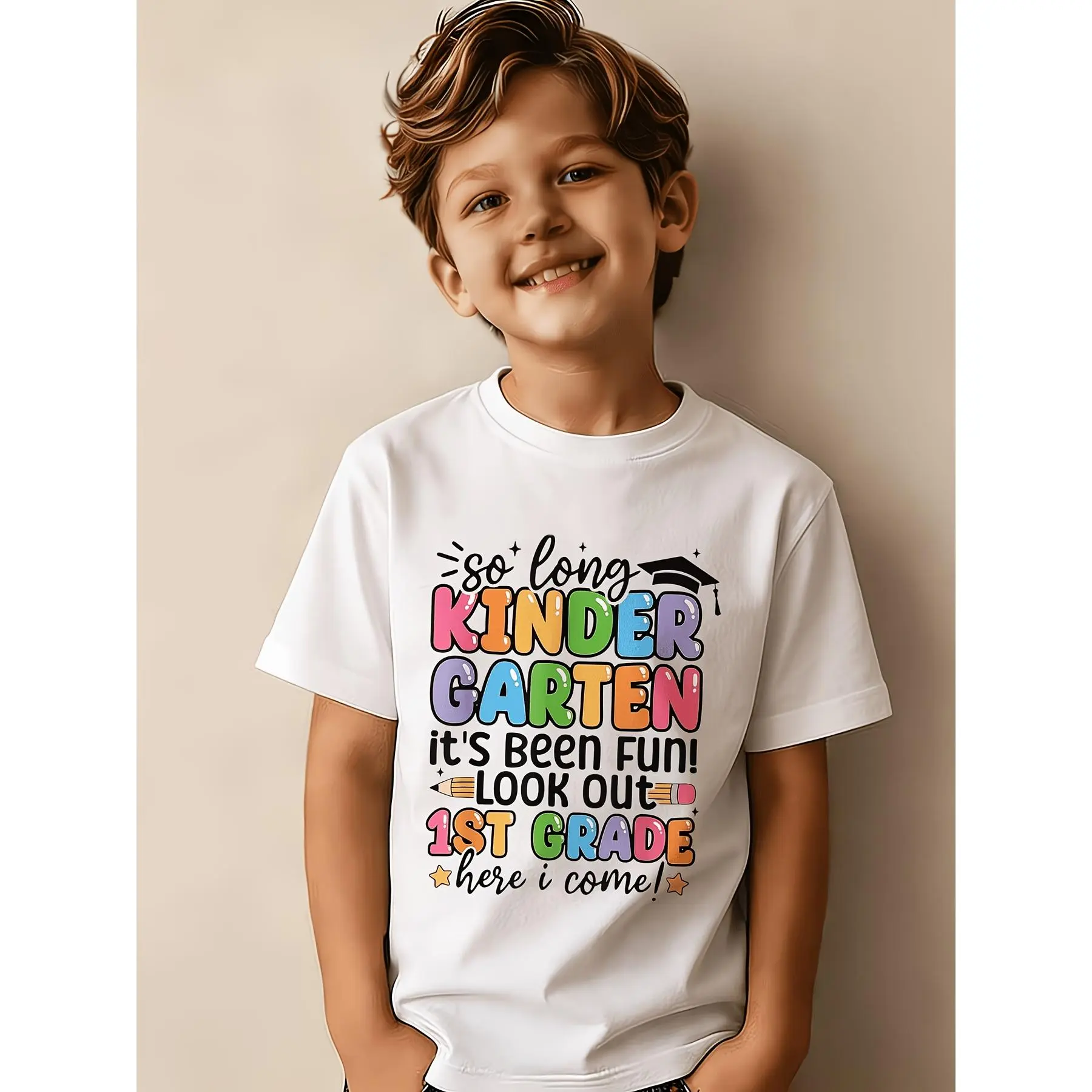 [For Graduation] Happy Graduation! Boys And Girls Kindergarten to 1St Grade Pattern T-Shirt - Playful Hand-Written Style Design, Celebrating Graduation, with Colorful Bubble Letters And Fun (3Y-13Y)
