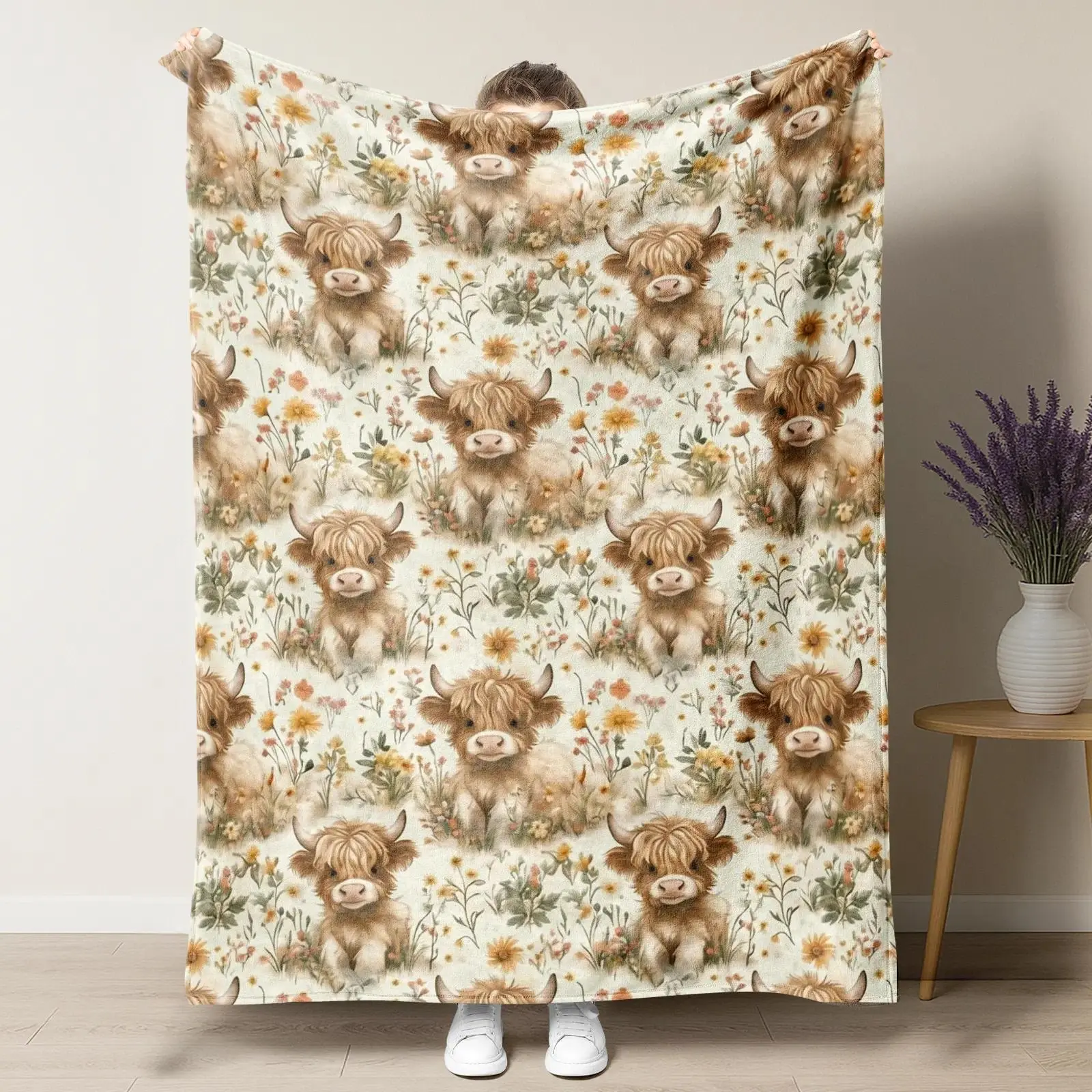 Pastel Wildflower Highland Cow Blanket,Adorable Watercolor Baby Cow with Soft Floral Print Cozy Throw Blanket,Rustic Farmhouse Themed Present for Cow Enthusiasts, Nature Lovers & Cottagecore Fans