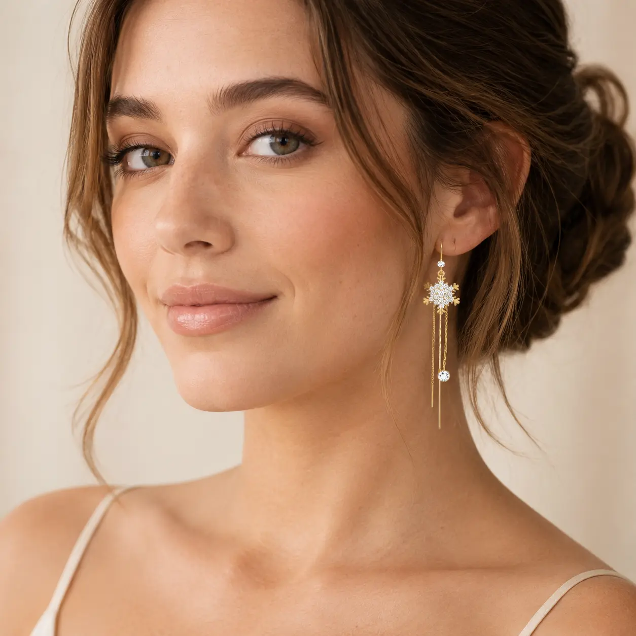 Sparkling Snowflake Threader Earrings for Women, Gold Color Long Drop Earrings, Elegant Dangle Earrings for Party, Date Night & Holiday Wear
