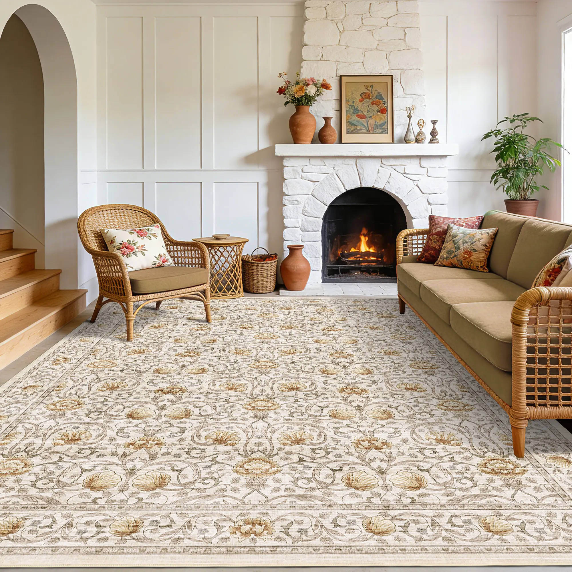 Vintage Floral Print Rug Washable Stain-Proof Non-Slip Base Ultra-Thin Foldable Design Multi-Purpose Floor Mat for Bedroom, Dining Area, Office, Laundry Room and Entryway