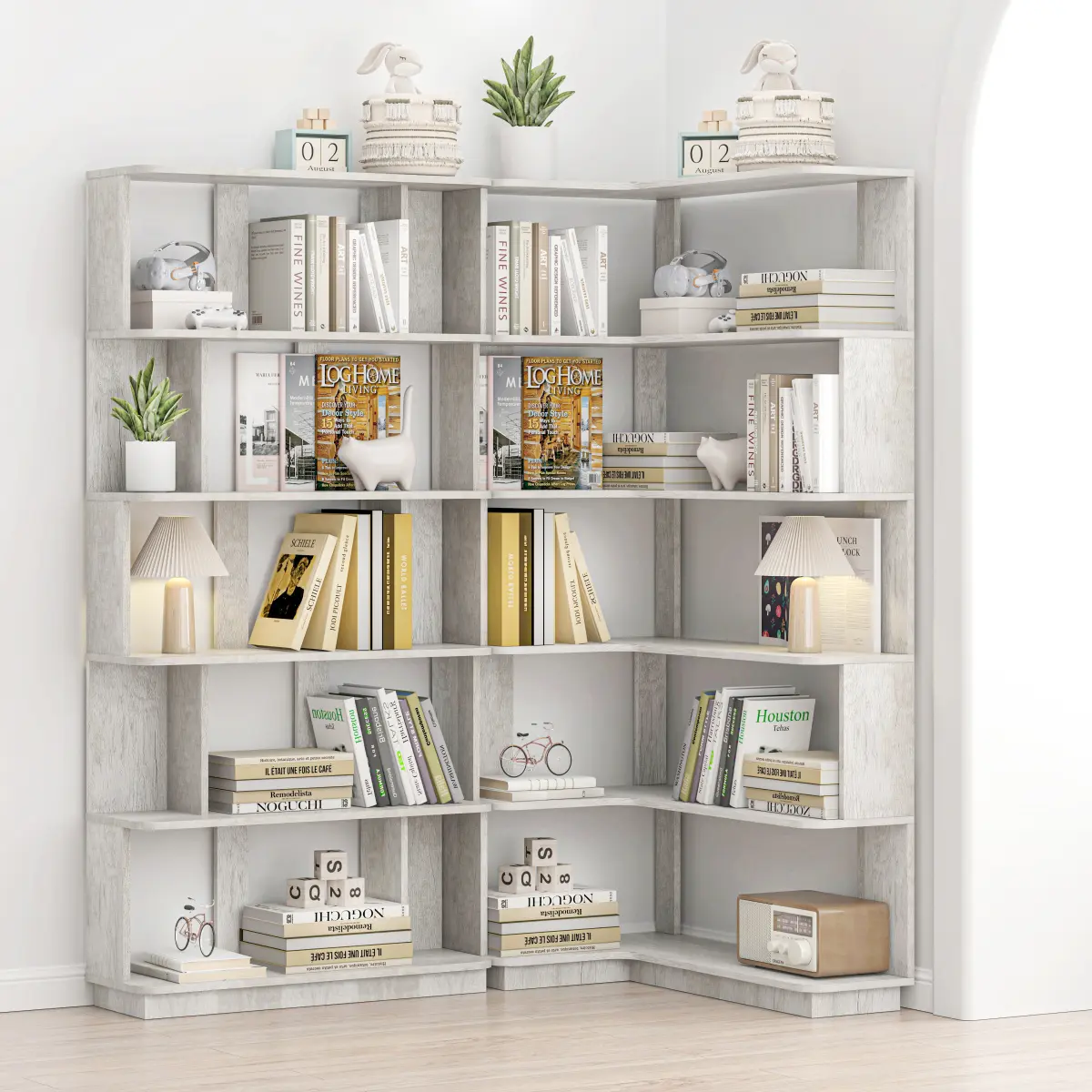 Light Grey 2-Piece Free Combination Shelving Set - 90cm Space-Saving Corner Bookshelf, 80cm Extendable Bookcase, 4 Color Options, Home Office Organization, 66.93"x21.65"x64.57", 111.70 lbs, Customizable Indoor Furniture Shelves