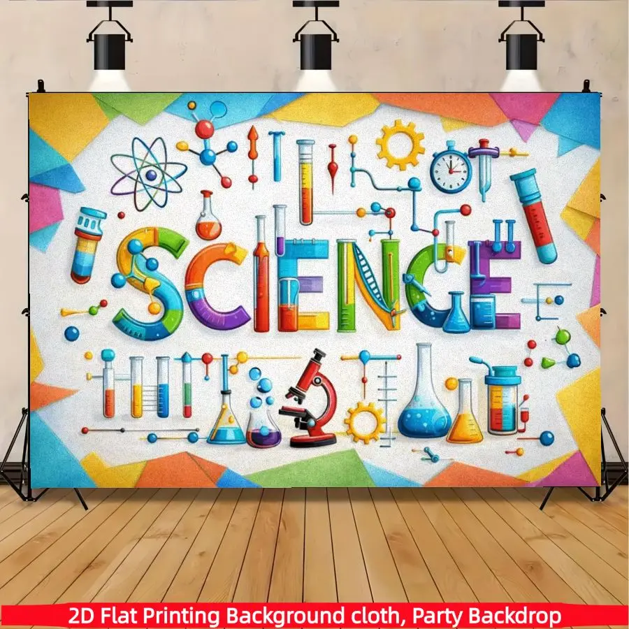 Science experiment themed polyester background banner, suitable for living rooms, bedrooms, offices, science themed parties, anniversaries, home decor, indoor and outdoor parties, photography background fabric, science party supplies