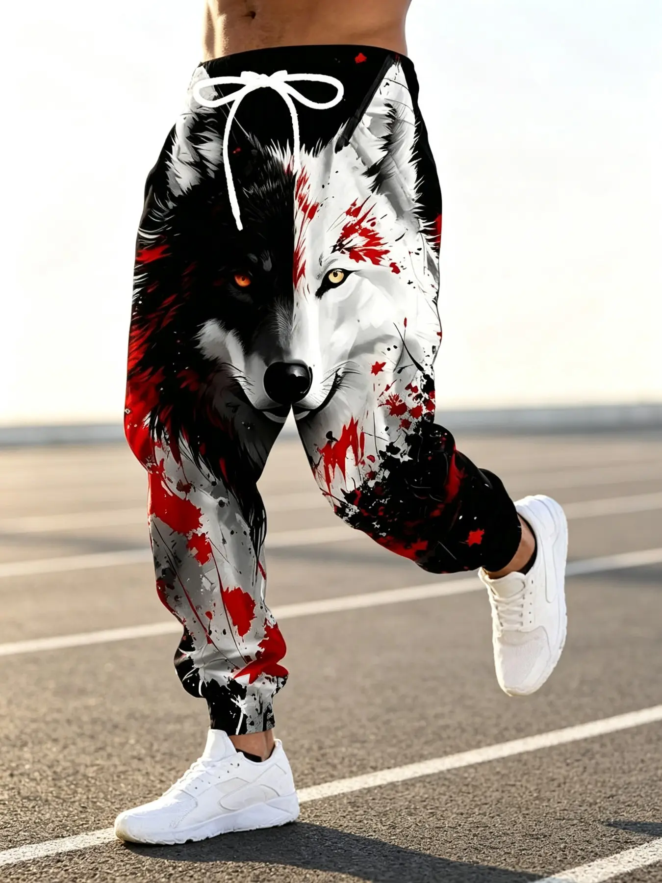 Men's Boho Style Sweatpants, Loose-Fitting All over Print, Spring & Fall Outdoor Streetwear, Drawstring, Ink Splash Design