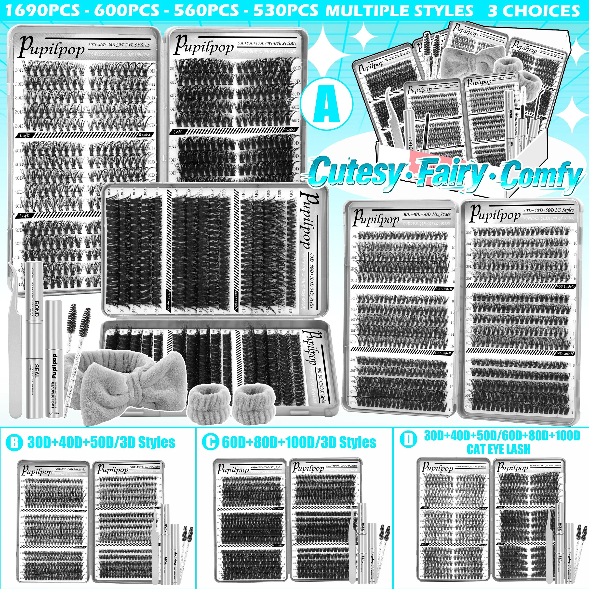 Pupilpop Large Pack Individual Eyelash Clusters Kit – 1690Pcs, 30D–100D & 3D Styles, D Curl DIY False Lashes with Adhesive, Seal, Tweezers, Remover & Brush for Volume Lash Extension, Eyelash Extension Supplies