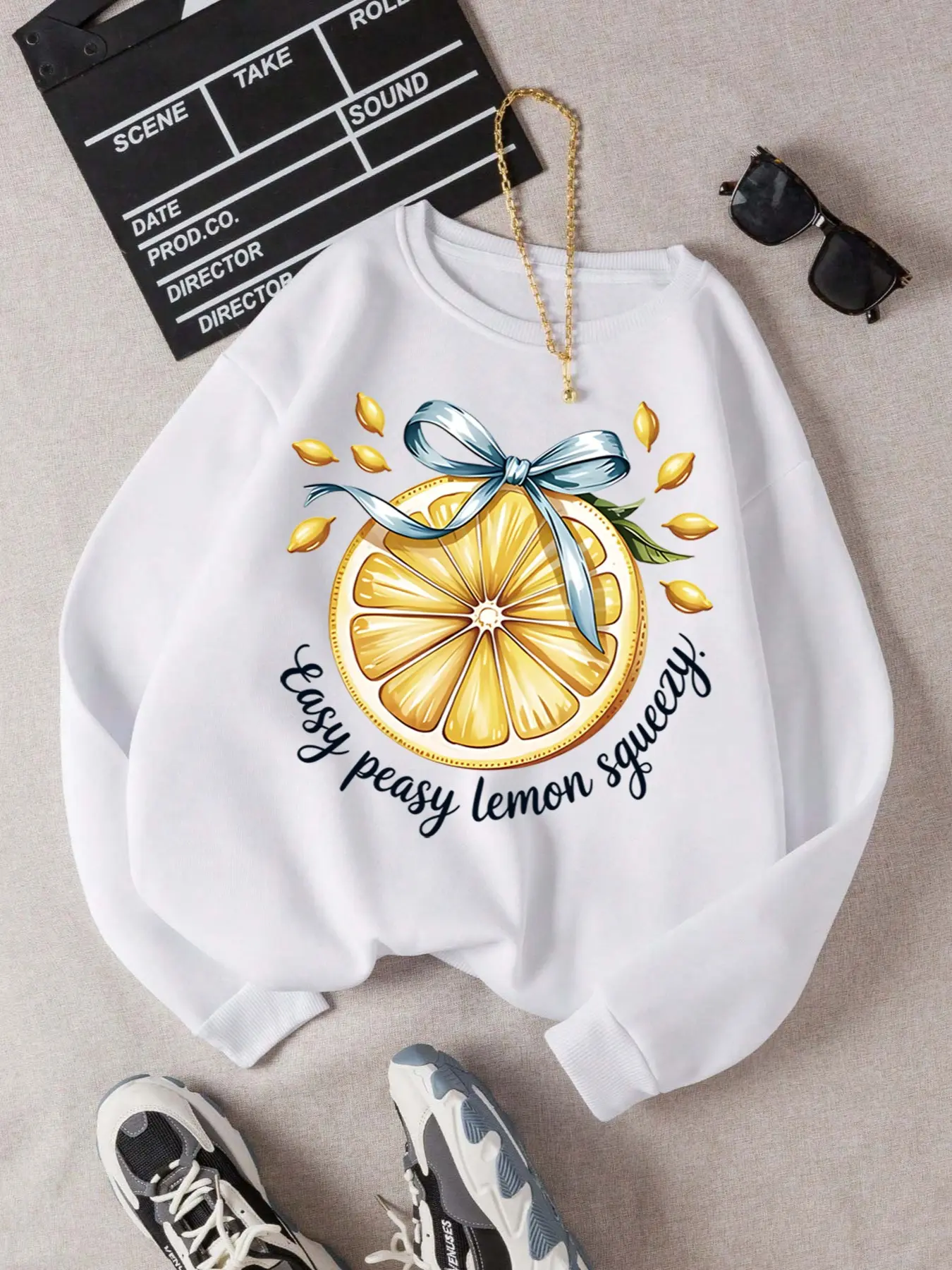 Women's 'easy Peasy' Letter and Lemon Print Sweatshirt, Fall Casual Long Sleeve Round Neck Pullover, Fashion Daily Top, Autumn Women's Clothing