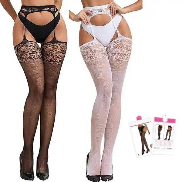 Women's Floral Lace Suspender Lingerie Pantyhose - Sheer Black Gothic Pattern Fake Garter Thigh-High Fishnet Socks, Stretchy Widened Rubber Waistband See-Through Hosiery for Club, Costume Outfits