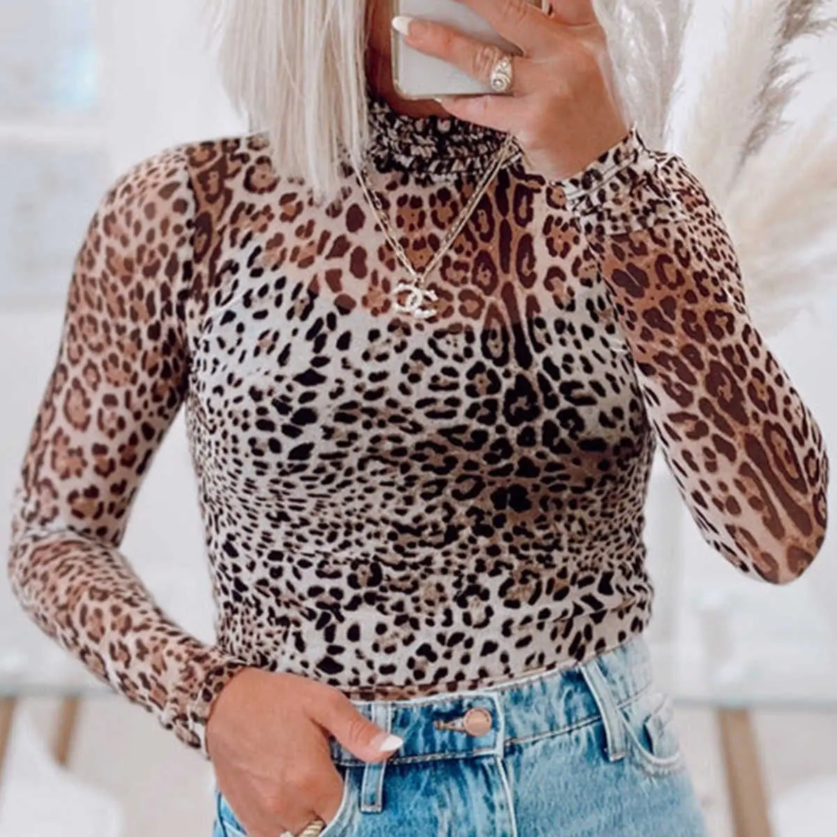 Women's Chic Bodysuit Top, a Casual Brown Leopard Print Piece with Elegant Sheer Mesh Long Sleeves and a Smocked Neck, Tops, Style, Longsleeves, Polyester Blend, Mesh Sleeves, Machine Wash