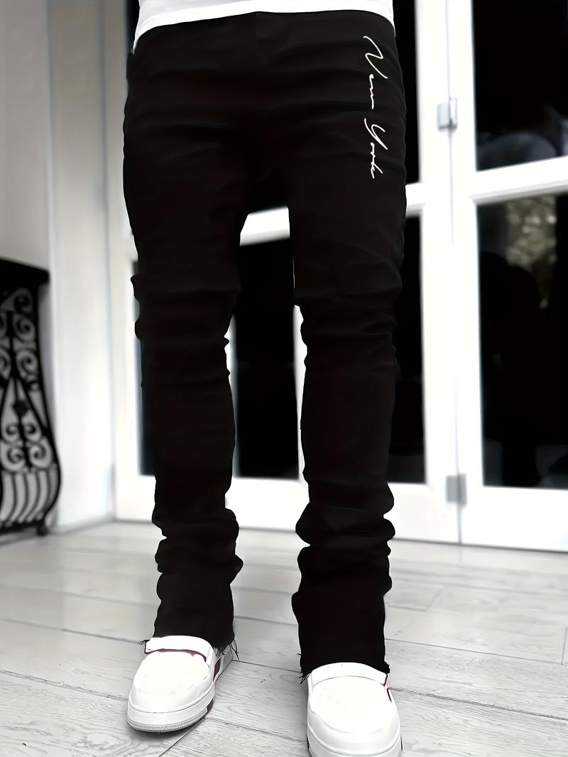 Men's Regular Fit Letter Print Flare Leg Jeans, Street Fashion Casual Comfy Denim Pants for Daily Wear, Mens Bottoms for All Seasons