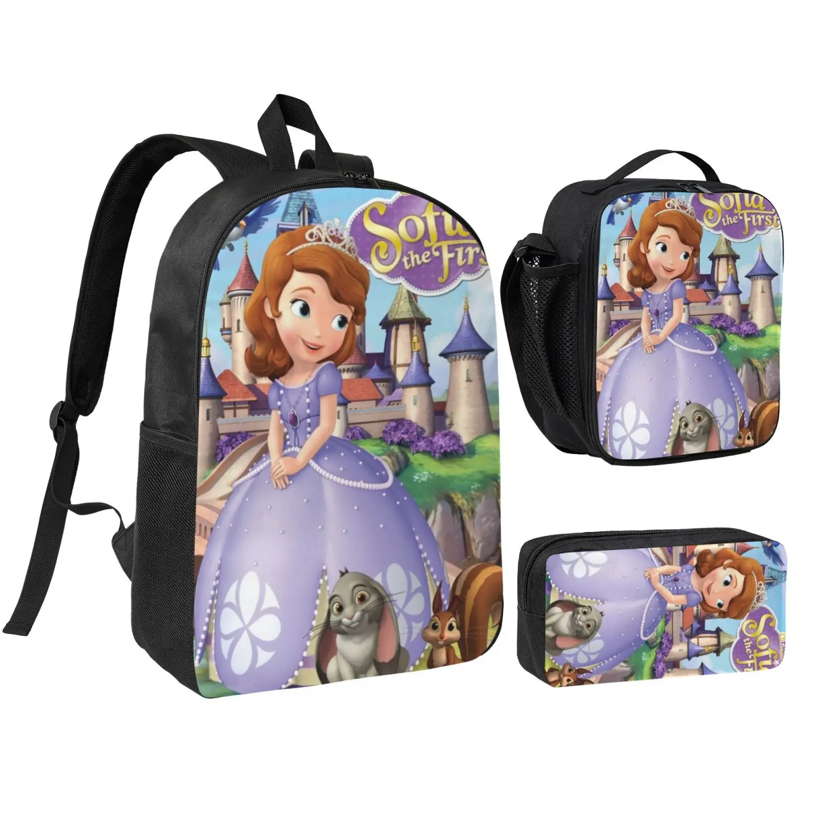 Unisex Sofia3 3Pcs Anime Backpack Set for Teen Boys Girls, Adjustable Strap School Bookbag with Insulated Lunch Bag & Pencil Case, Lightweight Daypack for School Travel Office