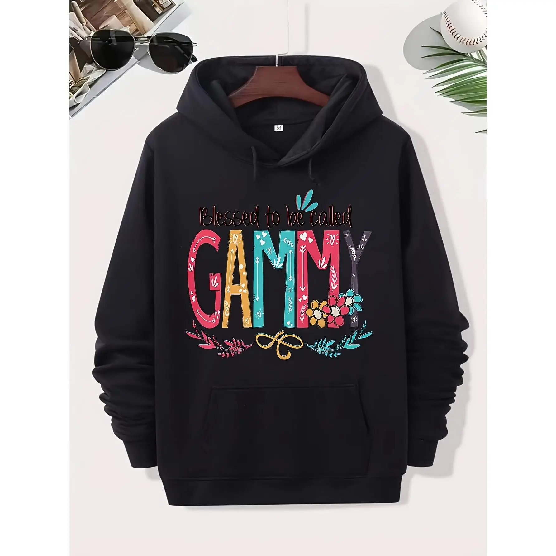 Unisex Blessed to Be Called Gammy Printed Hooded Sweatshirt Tops, Cozy Lightweight Polyester Fleece Fabric Hoodie, Black Casual Pullover with Front Pocket, All-Seasons Gift for Grandparents