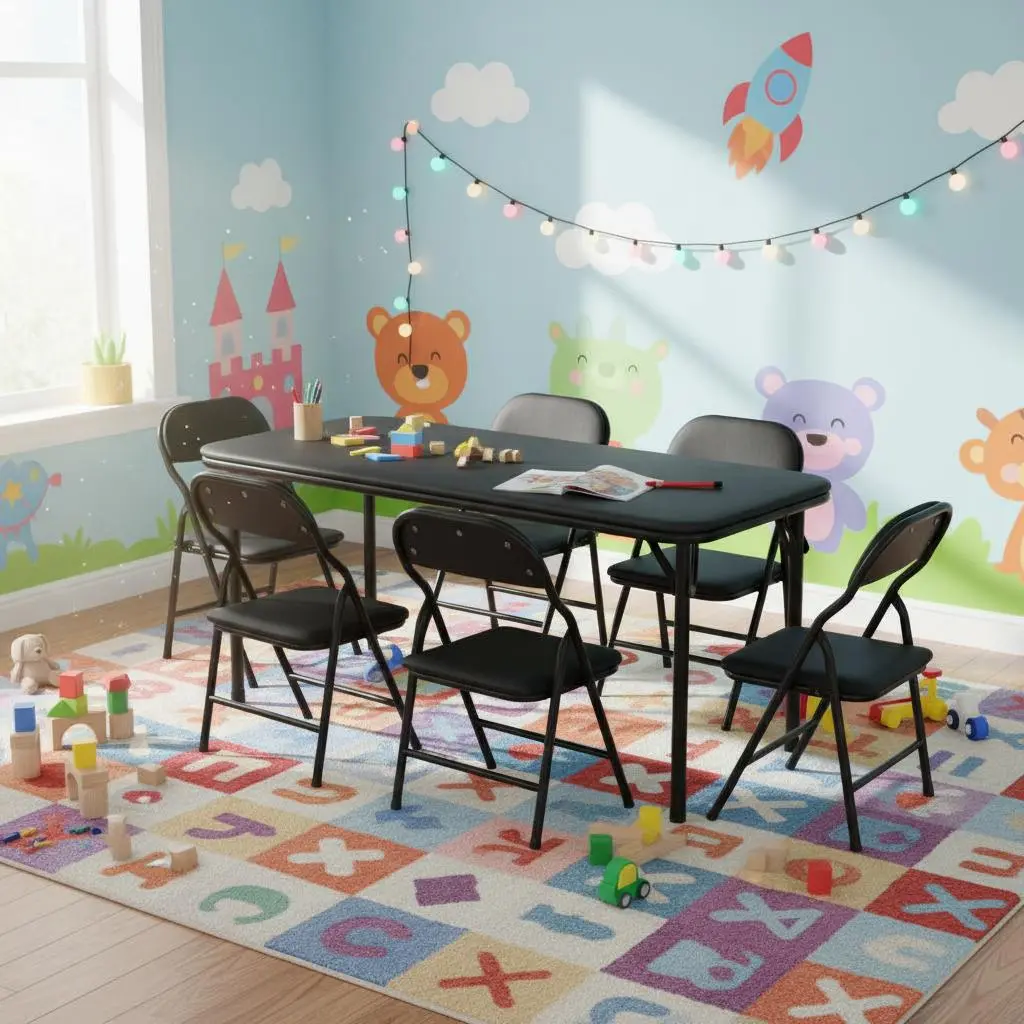 7-Piece Kids Table and Chair Set – Folding Activity Table with 6 Chairs, Durable Easy-Clean Furniture for Learning, Drawing, Crafts, Dining & Study, Space-Saving Design for Home, Playroom, Preschool & Daycare