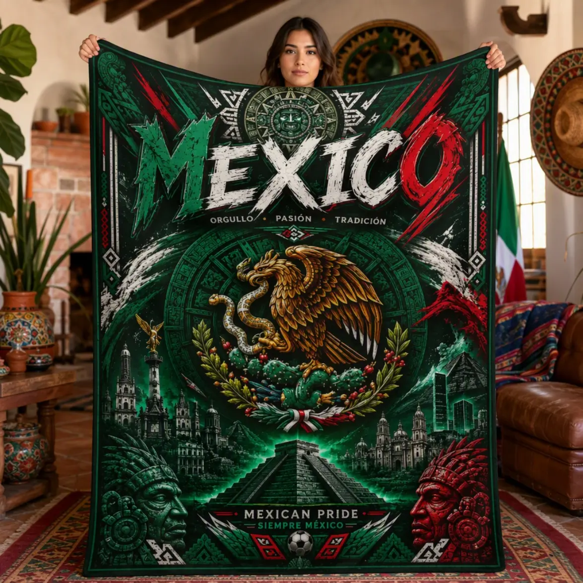 Mexico Aztec Heritage Flannel Throw Blanket Mexican Eagle Flannel Blanket Aztec Calendar Pyramid Design Soft Cozy Blanket Soccer Fan Gift