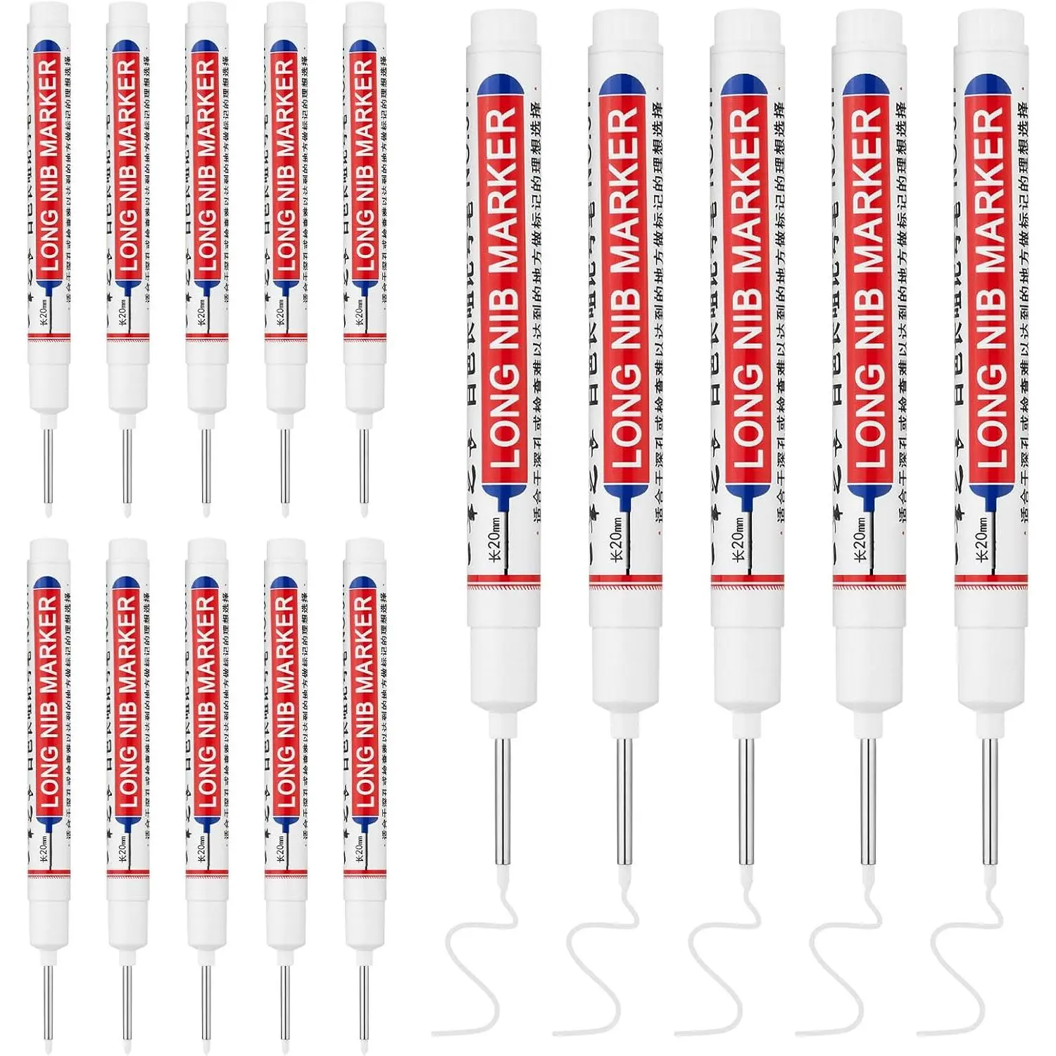 15 PCS Long Nib Marker,20mm Long Head Deep Hole Marker Pens,Longs Nose Markers,Waterproof Construction Markers Marking Tool,Permanent Markers Carpenter Ink marker Pens,Metal marking Pens,White