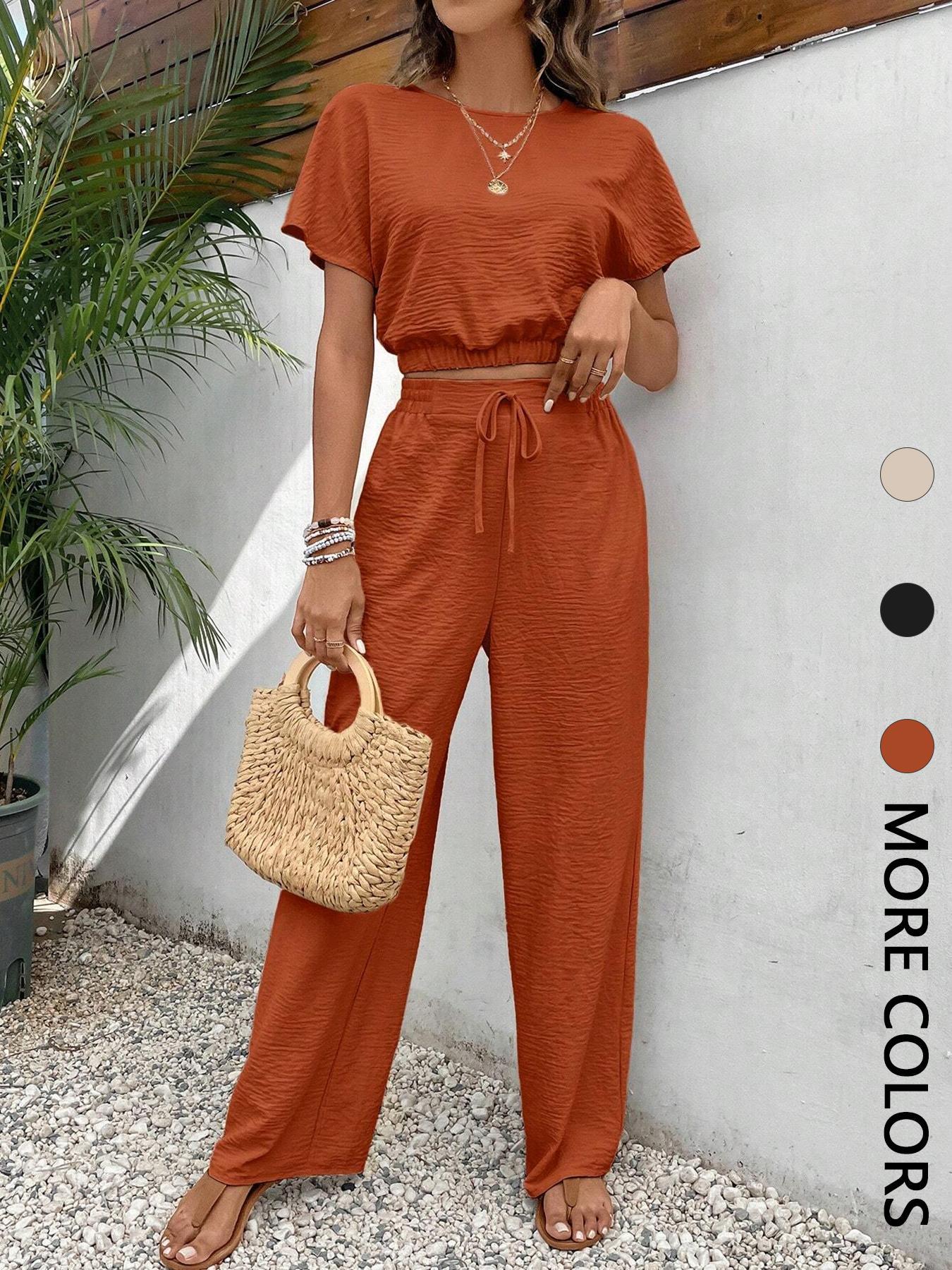 Women's Solid Color Short Top & Wide Leg Pants Two-piece Set, Casual Fashion Cozy Top & Trousers for Daily Outdoor Wear, Ladies Summer Clothes