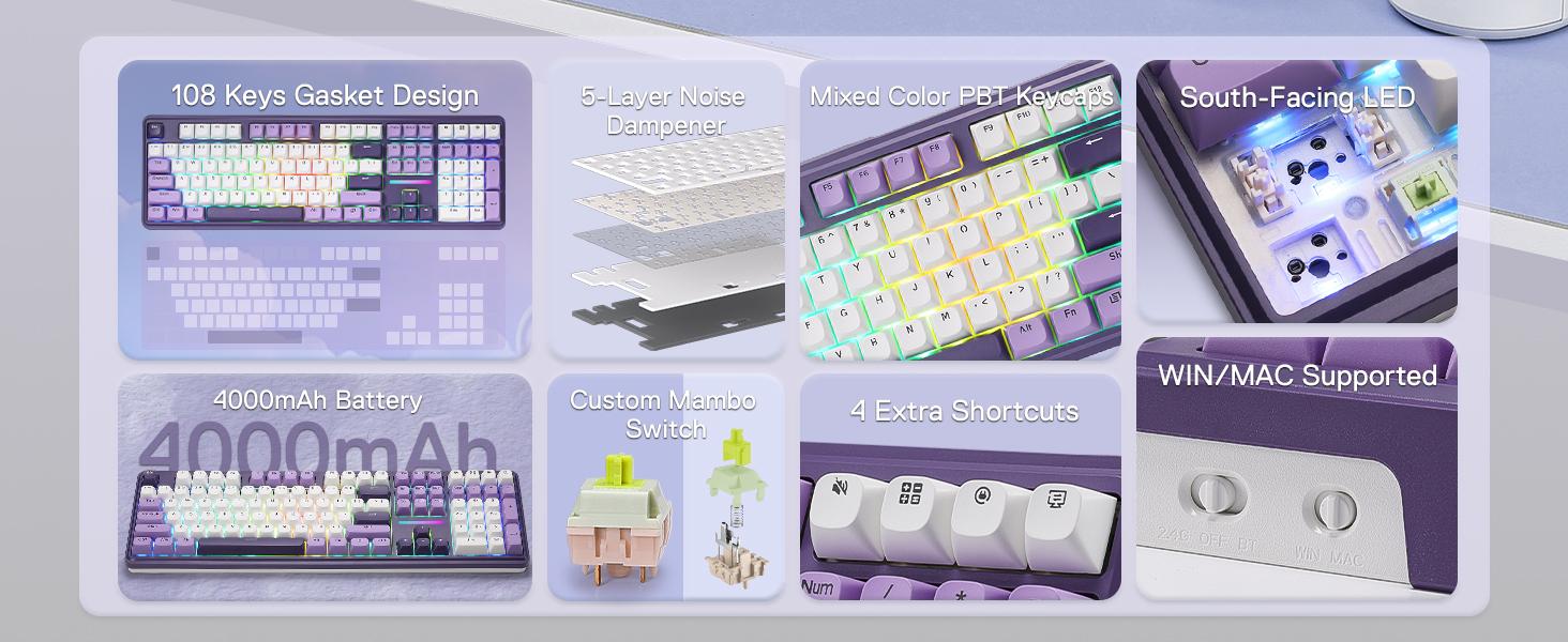 Redragon K745 PRO Wireless Gasket RGB Gaming Keyboard, 108 Keys Mechanical Keyboard w/Extra 4 Hotkeys, Hot-Swap South-Facing LED Socket, 5-Layer Noise Dampening, Round PBT Keycaps, Mint Mambo Switch,Charming Purple
