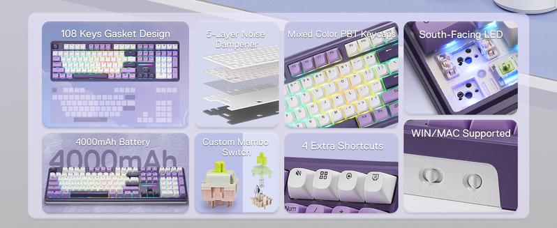 Redragon K745 PRO Wireless Gasket RGB Gaming Keyboard, 108 Keys Mechanical Keyboard w/Extra 4 Hotkeys, Hot-Swap South-Facing LED Socket, 5-Layer Noise Dampening, Round PBT Keycaps, Mint Mambo Switch,Charming Purple