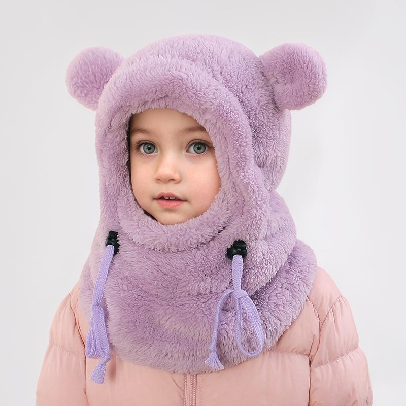 Kids Winter Cute Ear Warm Balaclava with Hood - Lightweight Windproof Face Mask for Outdoor Skiing & Cycling, Thickened Polyester, Adjustable Drawstring, Machine Washable, White with Black Accents