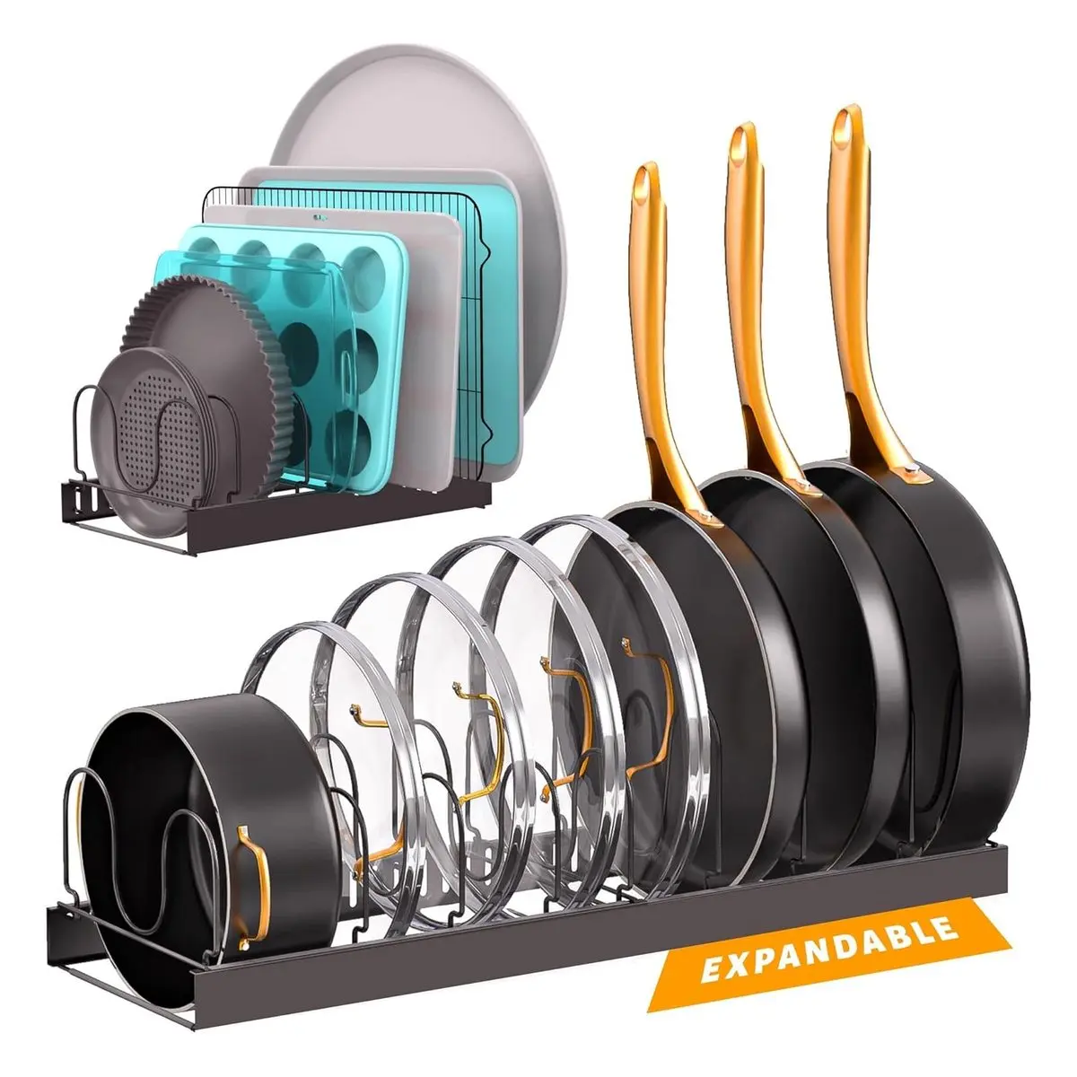Adjustable Carbon Steel Under-Cabinet Bakeware Organizer Racks for Storage - Home Supplies, Kitchen Multifunctional, Scratch Resistant, 11 Dividers, Expandable, 2 DIY Methods, 2-Minute Easy Installation for Cookie Sheets, Baking Pans, Pot Lids