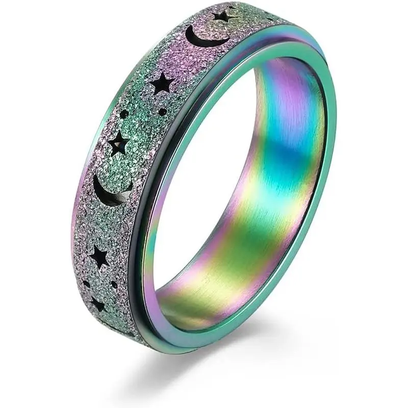 Unisex Stainless Steel Fidget Ring - Moon Stars Design, Smooth Spin Function, Stress Relief Band, Inner Lock, Yoga & Pilates Leisure Companion, Everyday Wear Gift Accessory