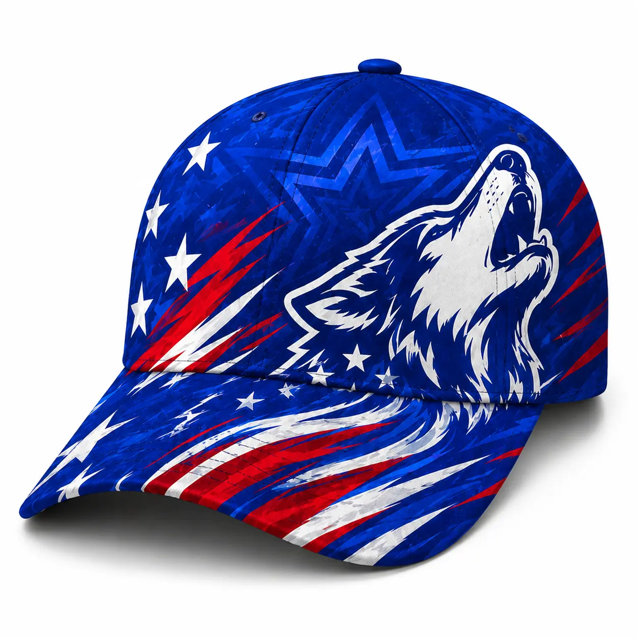 Patriotic Wolf Graphic Baseball Cap Adjustable Snapback Hat, Blue Stars & Stripes Curved Brim Cap for Men Women, Outdoor Sports Streetwear Sun Hat,sooners baseball,stylish golf,nets fan, football supporter ,raptor printed hat,official soccer,unisex summer