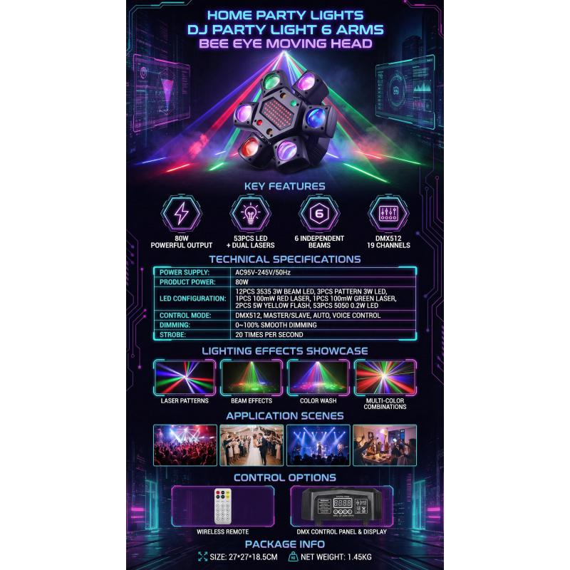 Pour Choices 6-Arm Bee-Eye Moving Head DJ Light – RGBW 4-in-1 LED, Red & Green Lasers, Dynamic Stage & Party Lighting for Disco, Weddings, Festivals & Clubs