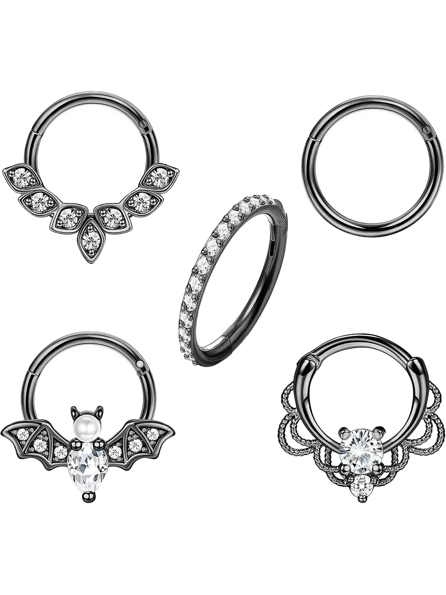 5 Pcs Gothic Black Stainless Steel Clicker Piercing Hoops Collection Multi-Style Hinged Segment Body Piercing Rings with Clear CZ Bat Ornament Vintage Lace Pattern Septum Cartilage Helix Tragus Nose Comfort Wear Fashion Ornaments for Daily  Party Styling