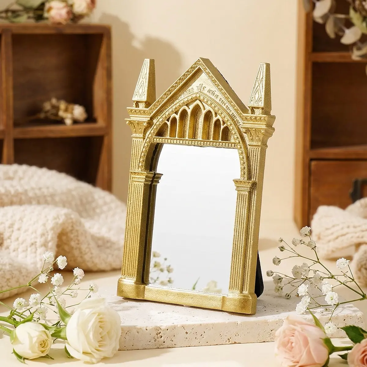 1pc Resin Framed Mirror, Gothic Arch Desktop Decorative Makeup Mirror, Modern Style, Lightweight, Perfect for Dresser, Desk, Jewelry Display
