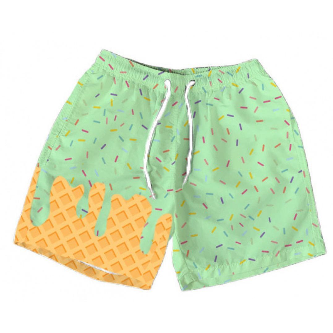 Polyester breathable 3D printed ice cream beach shorts, summer vacation loose surfing shorts, unisex fun casual sports shorts