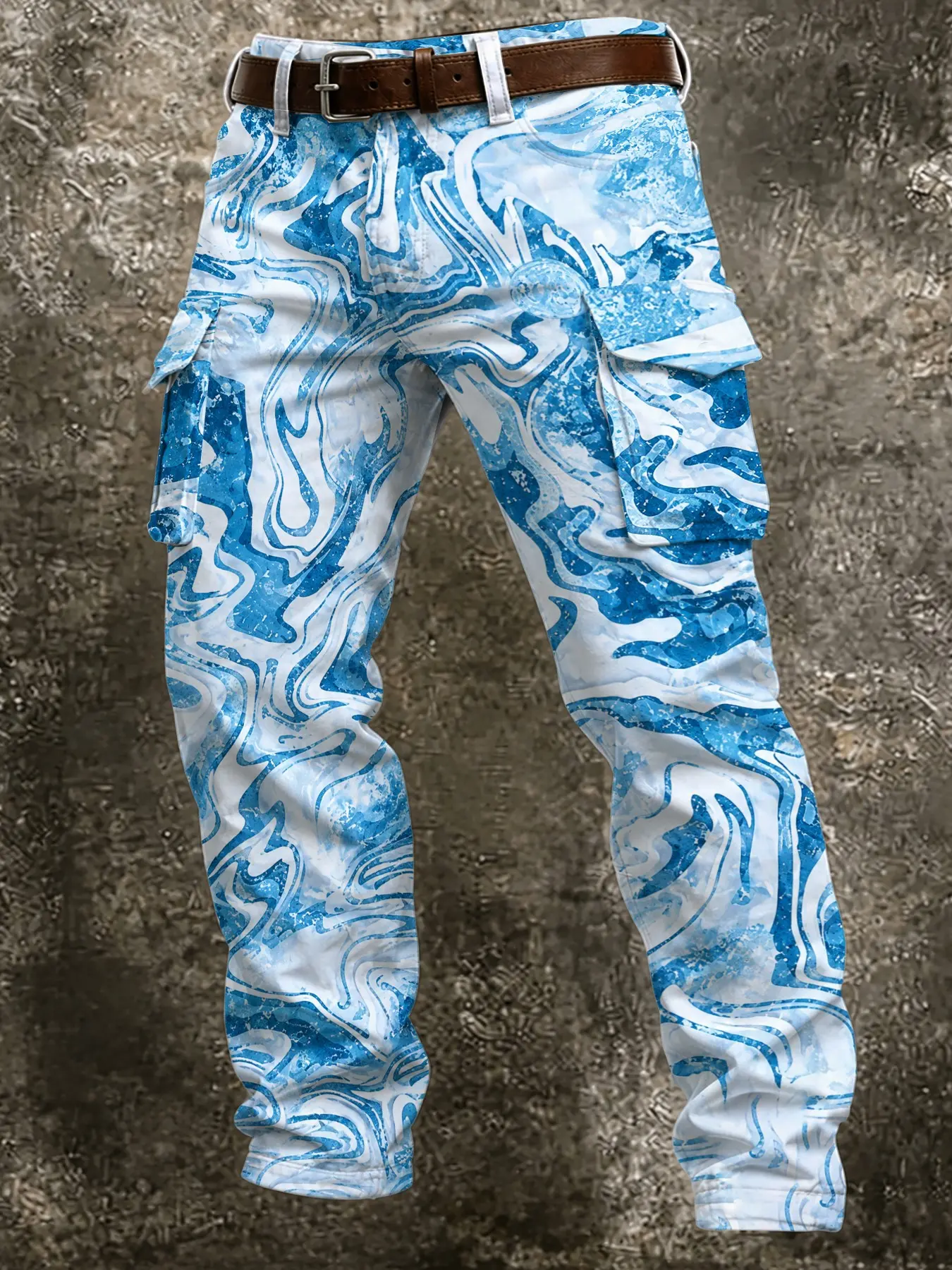 Men's Blue Fluid Marble Print Cargo Pants, Multi-Pocket Straight Leg Casual Long Pants, Streetwear Vacation Style Men's Trousers