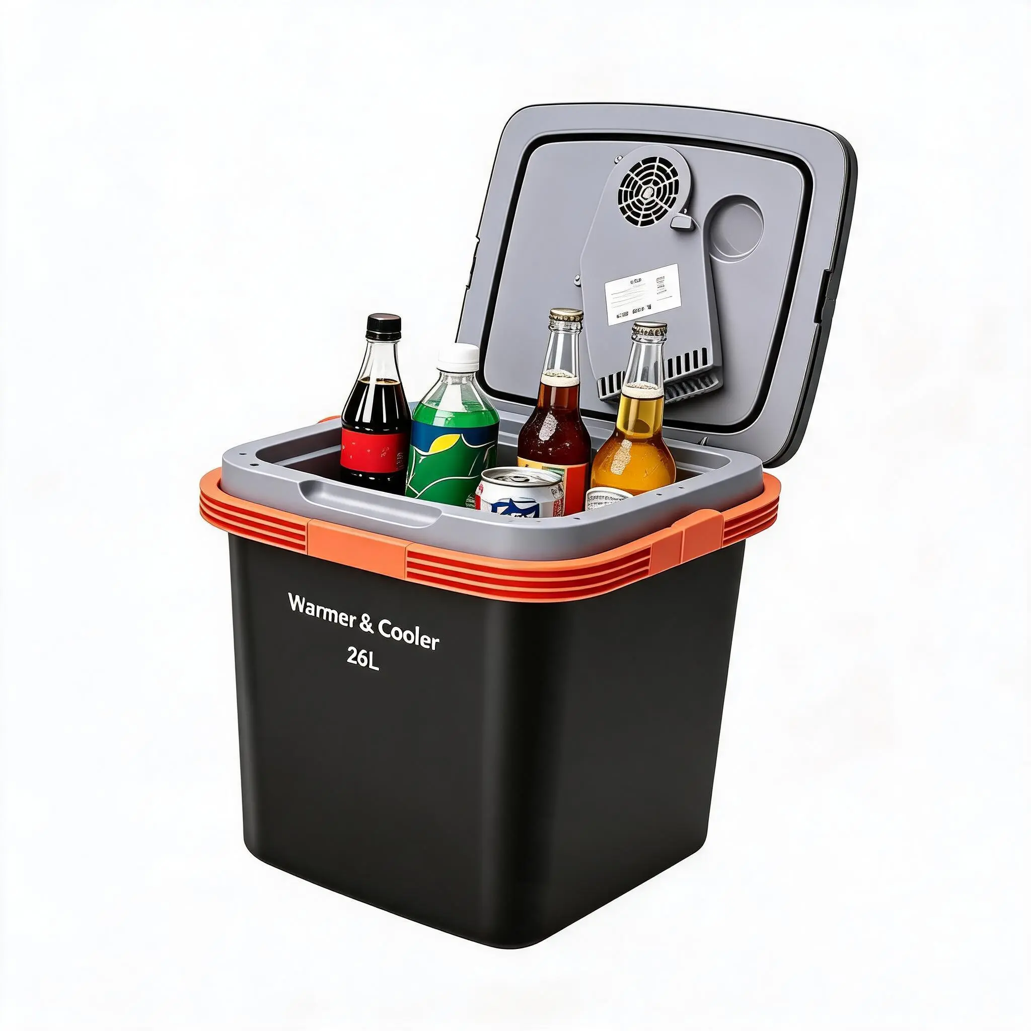 26L Portable Electric Cooler & Warmer Car Refrigerator - 12V DC Plug-In for Cars/Trucks - Auto-Lock Handle - Includes 110V AC Home Power Cord - Black/Orange