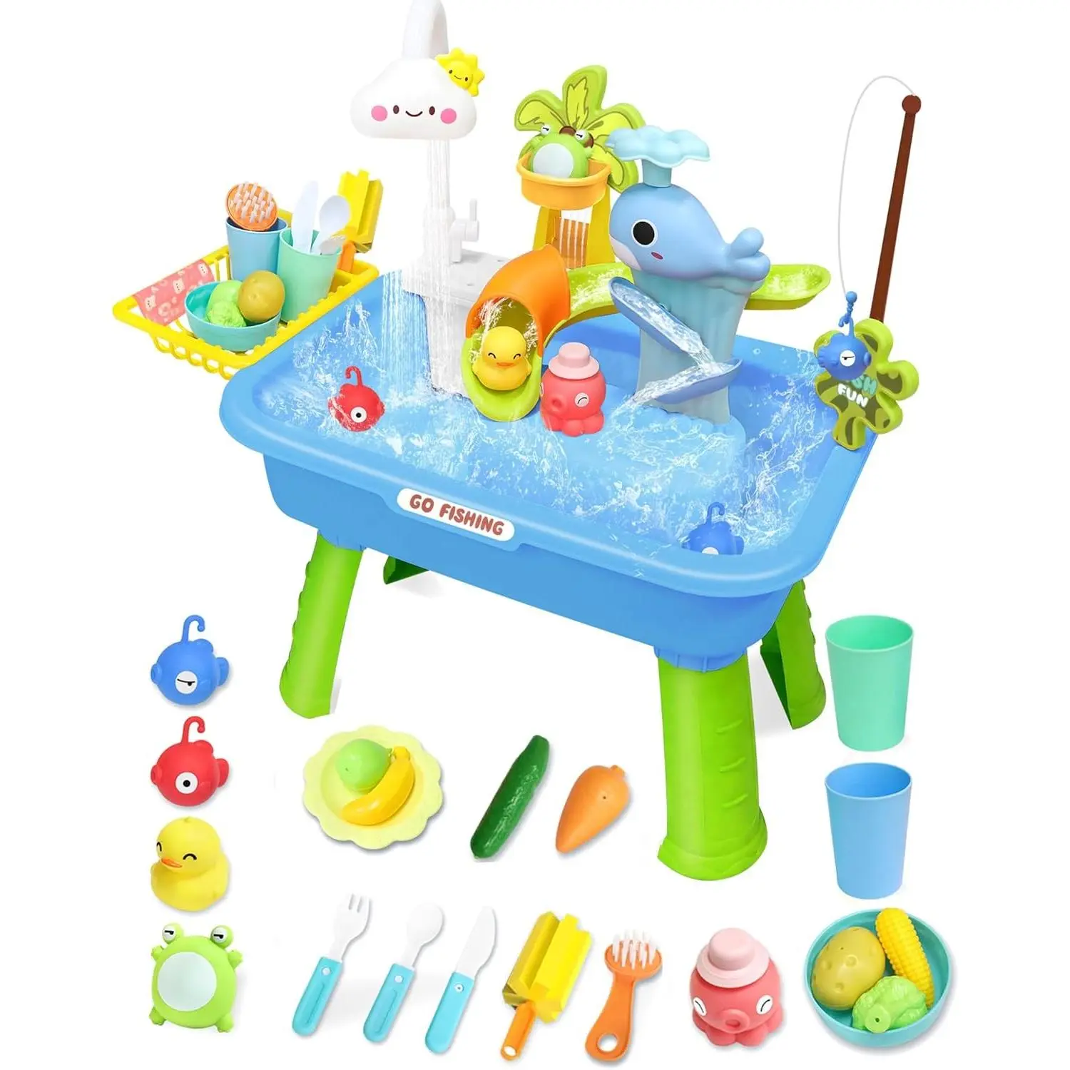 4-in-1 Electric Water Table for Toddlers 1-5, Kids Play Sink with Running Water & Cloud Faucet, Sensory Toddler Water Activity Table with Fishing Game, Outdoor/Indoor Toy Gift for Boys & Girls