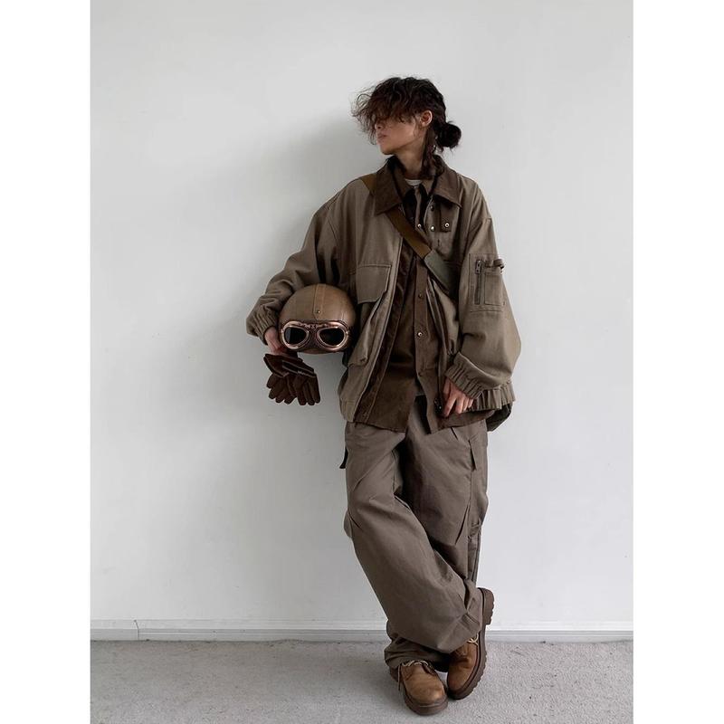 BIGWIG Unisex Japanese Retro Multi-Pocket Lapel Work Jacket & Matching Shirt, Loose Fit Versatile Wasteland Style Outfit for Men & Women