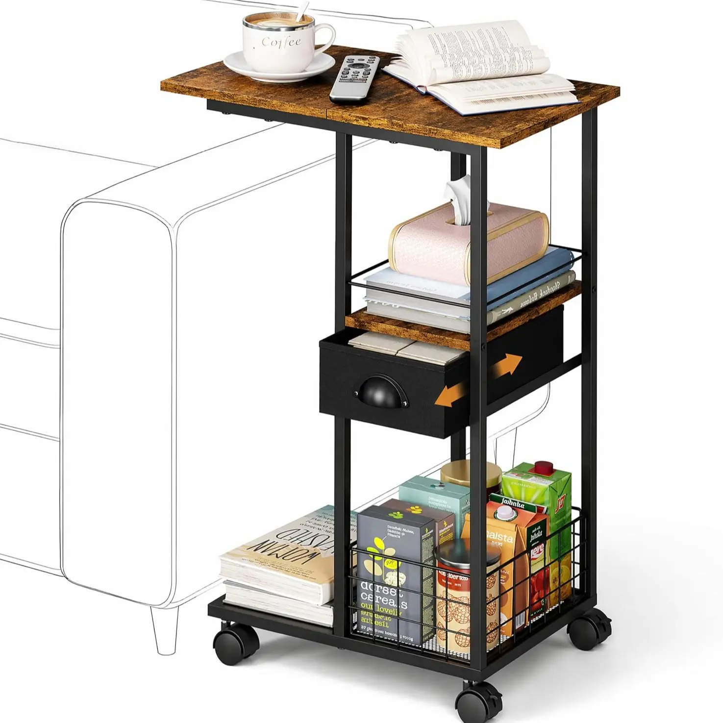 Vintage Wood Mobile Sofa Side Table Storage Cart, Three-Tier Multi-Functional Shelf, Silent Locking Wheels, Space-Saving Design