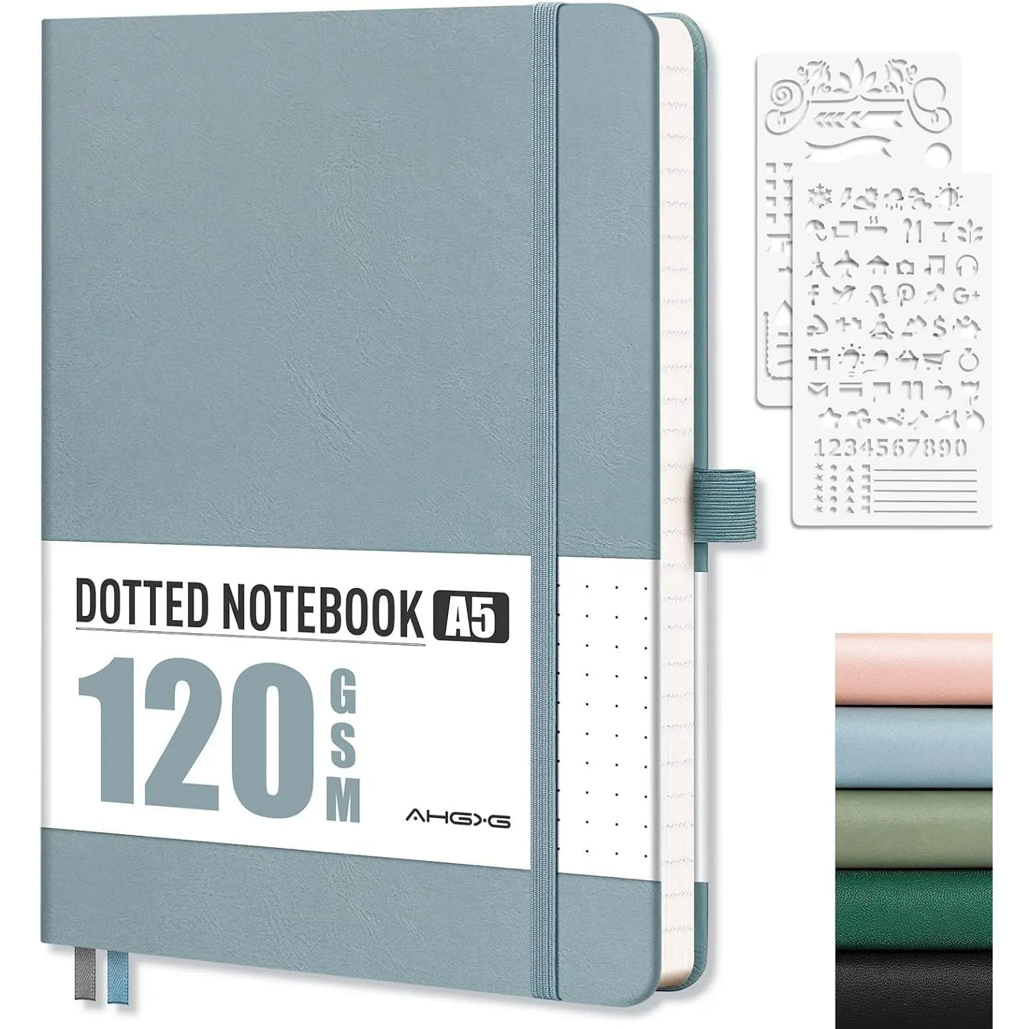 Modern Vegan Leather Softcover Dotted Journal, A5 (5.7''x8.3''), 120 GSM Paper, 160 Pages, Dot Grid Notebook with Inner Pocket & Stencils, for Journaling & Planning (Gray Blue)