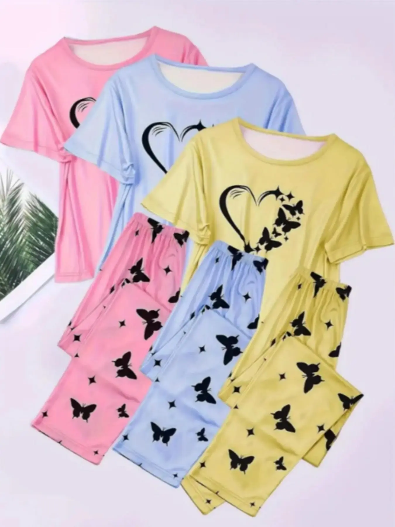 6-Piece Set Cartoon Bear and Heart Print Pajama Set, Comfortable Short Sleeve Round Neck Top and Elastic Pants, Women's Sleepwear and Loungewear