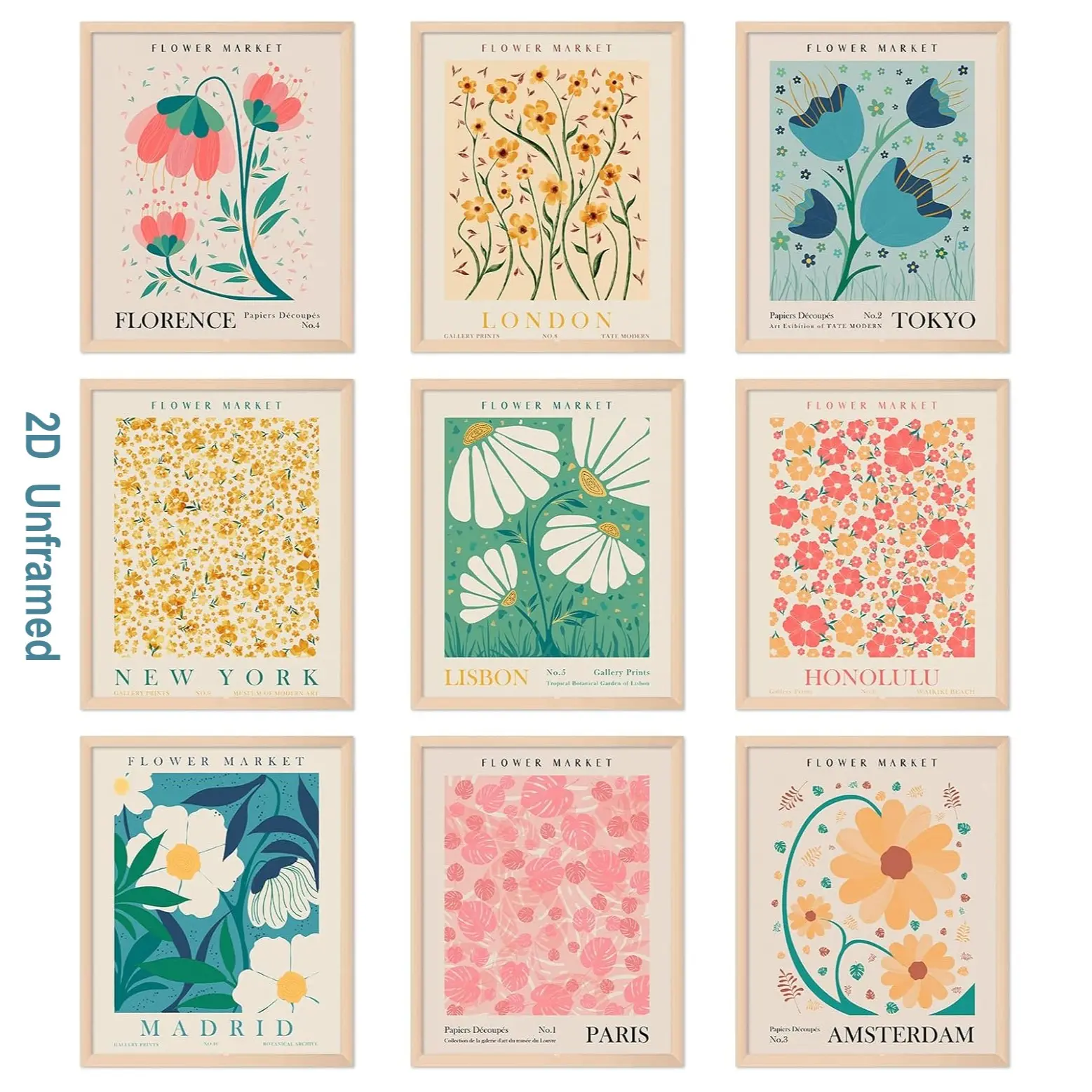 9-Piece Set   Frameless   Flower Market-Themed Decor   Matisse-Style Murals   Floral Art Posters   Frameless Artwork   Perfect for galleries, back-to-school season, and aesthetic-style living room and bathroom decor
