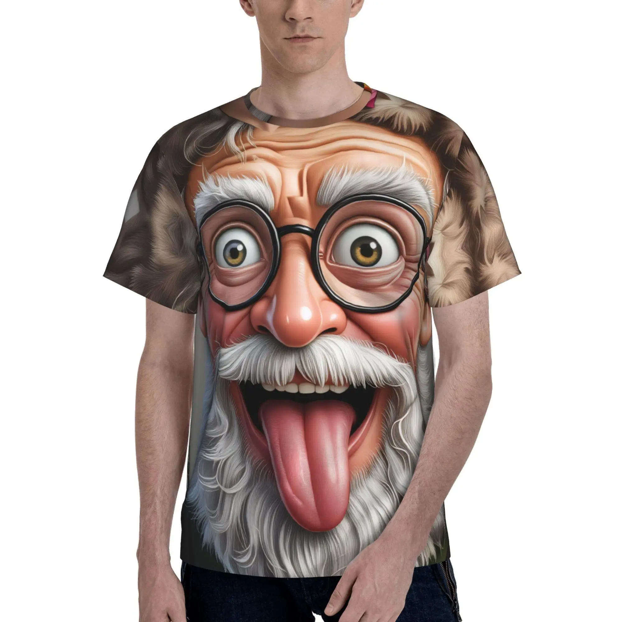 Men's 3D All Over Print Cartoon Knit Tshirt - Short-Sleeve Polyester Breathable Crew Neck Menswear Basics, White-Bearded Glasses Elderly Tongue-Out Design, Drop Shoulder, Stretch, Regular Fit, Dry Clean, Geometric, Casual Daily Wear, All Seasons, S-3XL