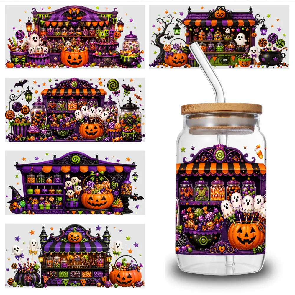 5 Sheets Halloween Candy UV DTF Stickers UV DTF Cup Wraps Stickers - for 16 Ounce Libbey Cups - Animal Crystal Label - Waterproof And Scratch Resistant Sticker - DIY Sticker for Glass Cups And Bottles